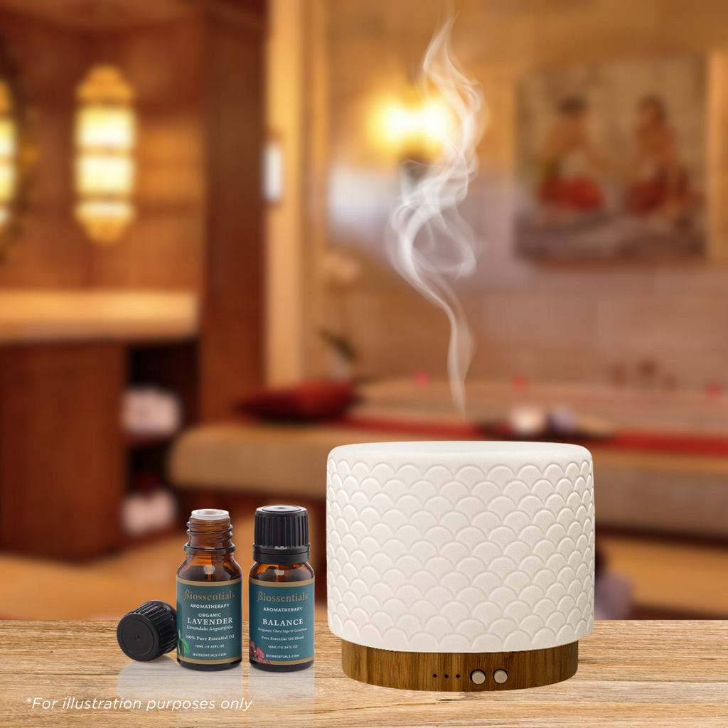 Aroma-Glow Bamboo & Ceramic Diffuser features